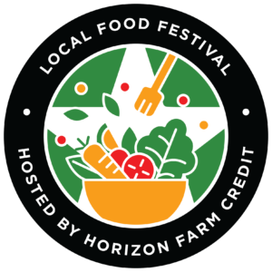 Green and orange logo with vegetables in a bowl, fork, and text “Hosted by Horizon Farm Credit.”