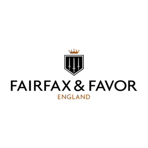 Minimalist logo with three swords under a gold crown and text “FAIRFAX & FAVOR England.”