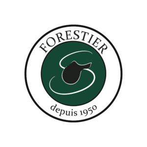 Circular green and white logo with saddle icon and text “Forestier depuis 1950.”