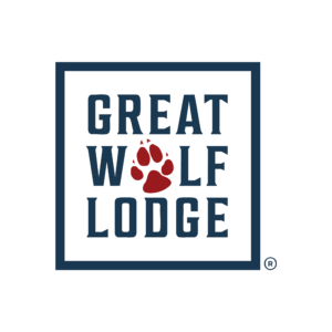 Square logo with blue text and red paw print reading “Great Wolf Lodge.”