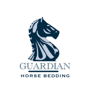 Blue logo with stylized horse head and text “Guardian Horse Bedding.”