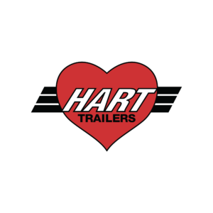 Red heart logo with “Hart Trailers” text and black racing stripes behind.