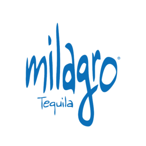 Blue handwritten text logo reading “milagro tequila.”