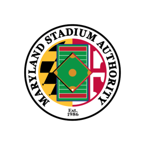 Circular logo with Maryland flag colors and a sports field design, text “Maryland Stadium Authority.”