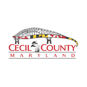 Logo with bridge design in Maryland flag colors, text “Cecil County Maryland.”