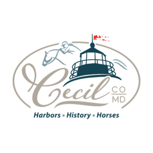 Oval logo with lighthouse, horse, and wave icons, text “Cecil Co MD – Harbors • History • Horses.”