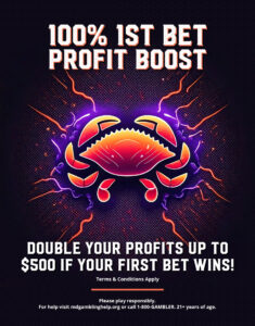 CrabSports_25promo_Portrait Crab Sports advertisement featuring a glowing crab design and text reading ‘100% 1st Bet Profit Boost – Double your profits up to $500 if your first bet wins.’ Terms and conditions apply. Gambling help info included.