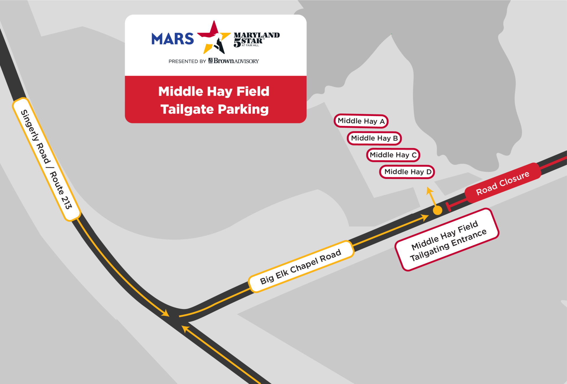 Map of Middle Hay Field Tailgate Parking for the Maryland 5 Star showing entrance on Big Elk Chapel Road and parking areas A–D.