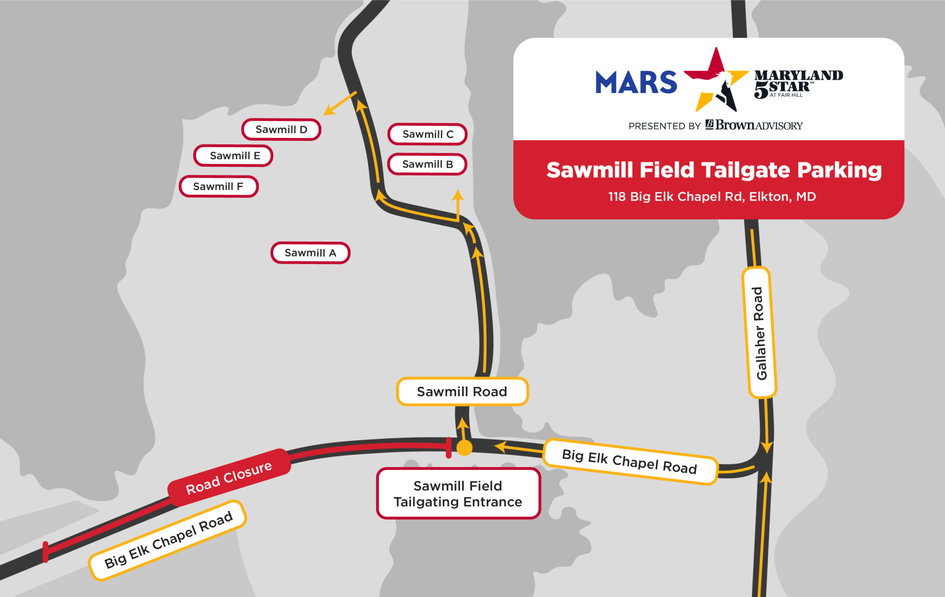 Map showing Sawmill Field Tailgate Parking on Big Elk Chapel Rd with labeled lots A–F and entrance route.