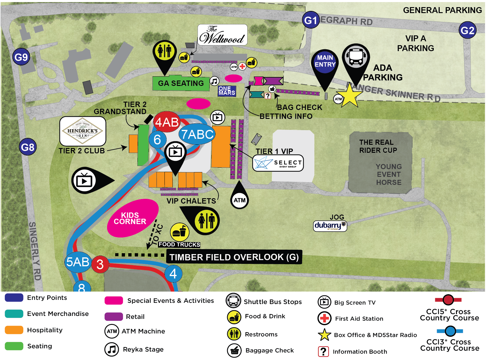 Infield map of the Maryland 5 Star event showing ADA parking, main entry, VIP areas, seating, Kids Corner, food trucks, restrooms, and cross country course routes.