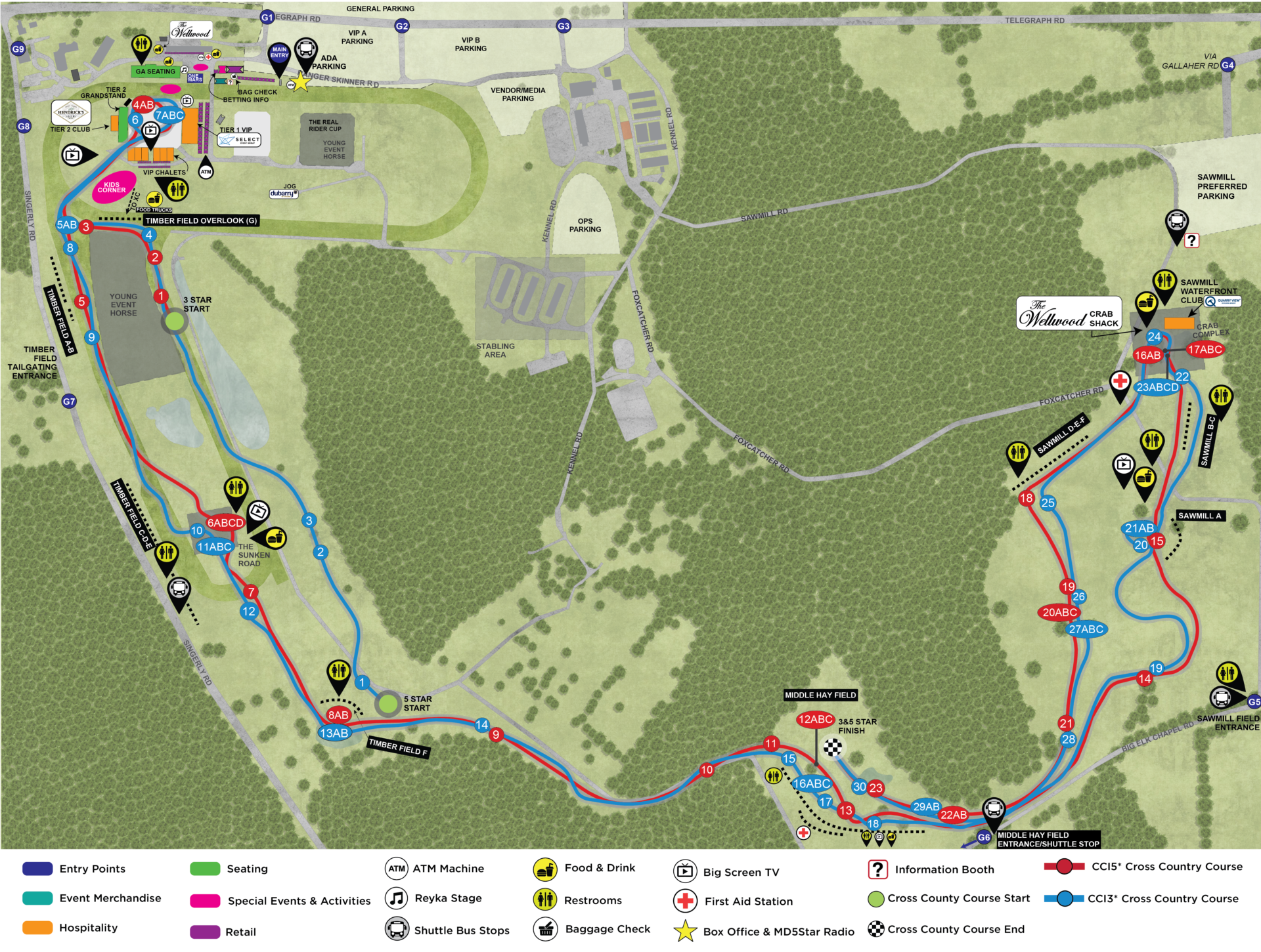Venue map for the Maryland 5 Star at Fair Hill showing parking, entrances, tailgate fields, cross country courses, restrooms, food, and shuttle stops.