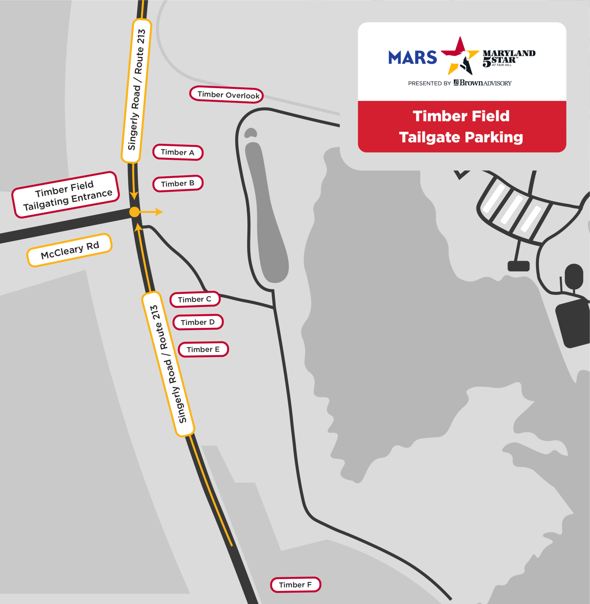 Map showing Timber Field Tailgate Parking locations off of Route 213 with labeled lots A–F and Tiber Overlook and tailgating entrance.