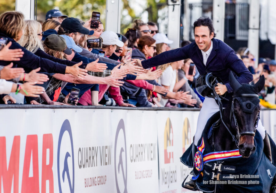 Horse and rider gallop alongside stands giving 'high-fives' to fans